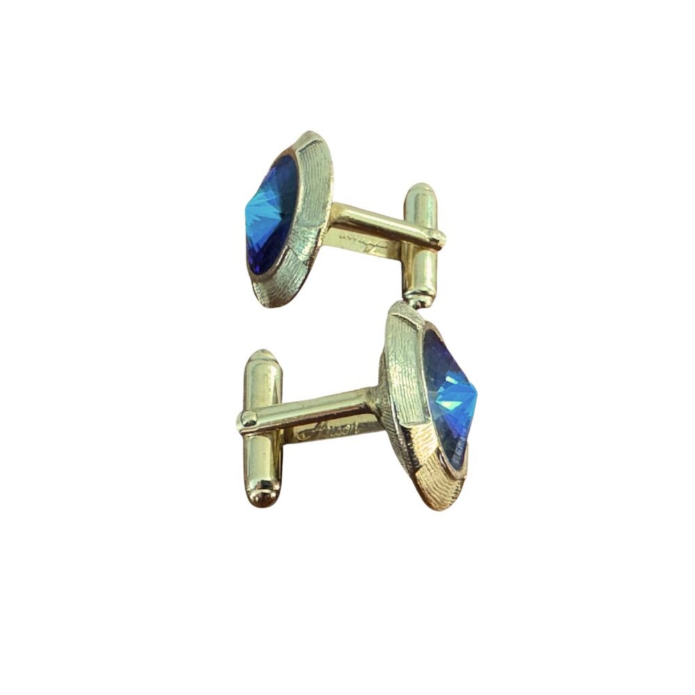 Anson Signed Blue Rivoli Crystal Gold Tone Cufflinks Vintage - Picture 3 of 11